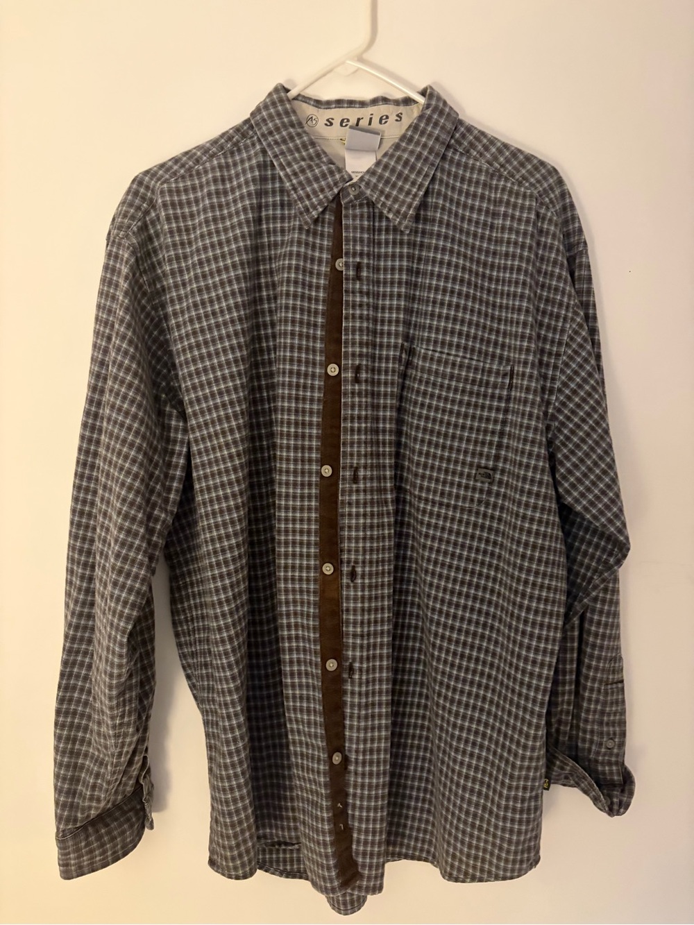 The North Face Gray Plaid Button-Down Shirt with Brown Trim